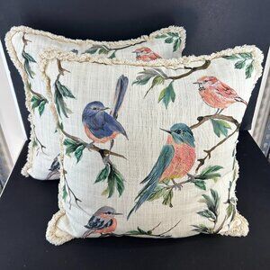 Qty 2 Mainstays Printed Bird Square Pillow 18x18 Printed and embroidered fringe